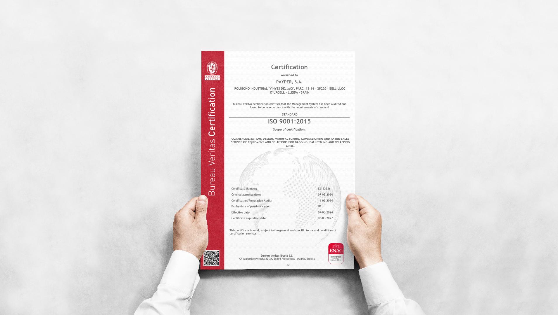 PAYPER recibe la certificación ISO 9001 de gestión de calidad